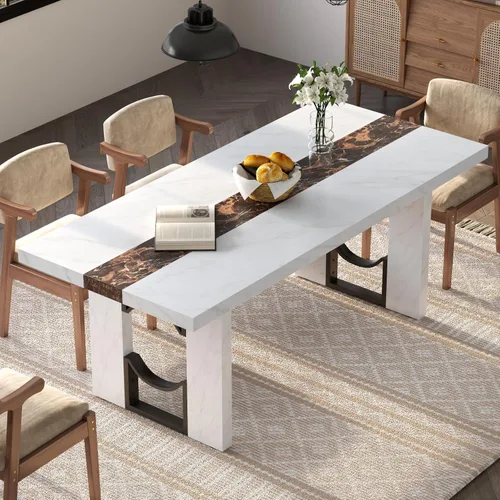 Vista 8 de Loomie Mesa de comedor de 71 pulgadas para 6-8 personas, mesa de cocina rectangular grande con mesa de color mármol, mesa de comedor lujosa de 6