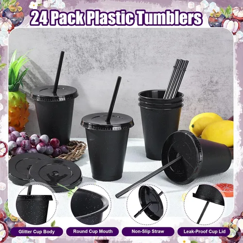 Vista 3 de 24 vasos de plástico con tapas y pajitas, vasos reutilizables con tapas, vasos coloridos de plástico para fiestas de cumpleaños, taza de café