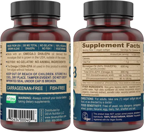 Vista 3 de DEVA Vegano Omega-3 DHA-EPA 300 mg - Sin carragenina, aceite de pescado derivado de algas, sin OMG, 90 cápsulas blandas sin gelatina