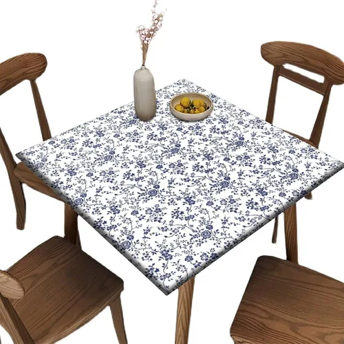 Vista 22 de Mantel redondo ajustable con borde elástico floral azul, mantel con borde elástico de estilo floral pastoral, almohadilla de mesa de poliéster