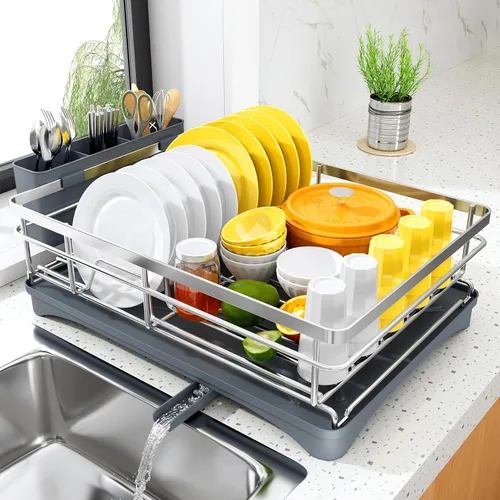 Vista 11 de SNTD Escurridor de platos para encimera de cocina - Escurridor grande con bandeja de drenaje, escurridor de platos a prueba de óxido con soporte