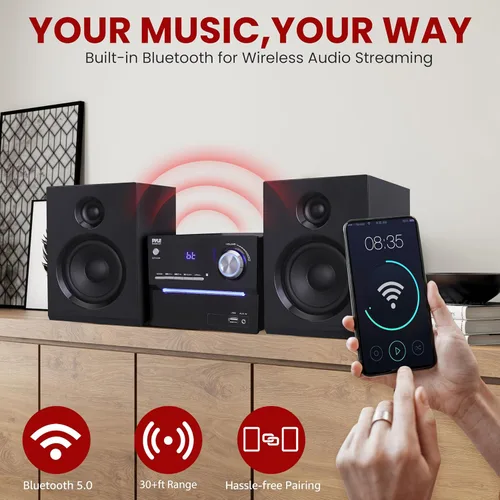 Vista 3 de Sistema estéreo Pyle CD/DVD P.M.P.O, caja de altavoces de madera de dos vías de 6 ohmios y subwoofer inalámbrico de 3 piezas con transmisión BT