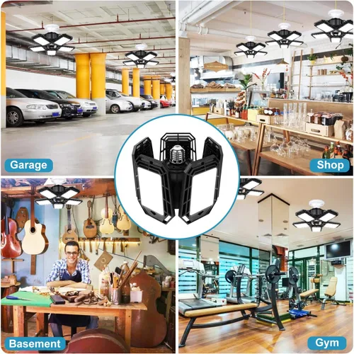 Vista 6 de Luyata Luces LED de Garaje Paquete de 2, Luz LED de Techo para Tienda 160W 16000 lúmenes 6500K Luz LED Atornillable con 5+1 Paneles Deformables