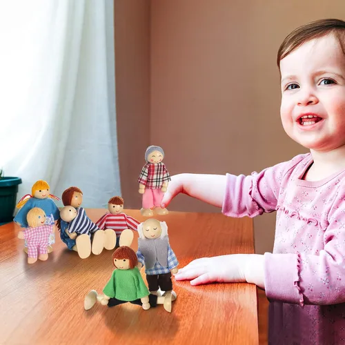 Vista 5 de Jzszera Casa de muñecas de madera, personas de 8 figuras, conjunto familiar de muñecas para niñas, niños pequeños, accesorios de casa de muñecas