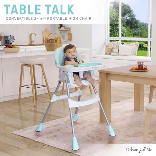 Vista 2 de Dream On Me Silla alta portátil 2 en 1 Tabletalk, silla alta compacta convertible, ligera, color aguamarina