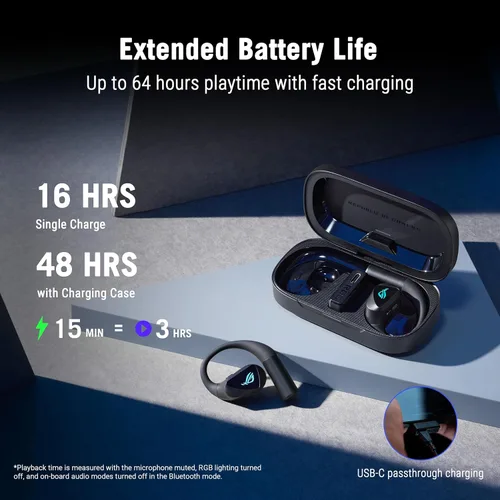 Vista 8 de ASUS ROG Cetra - Auriculares inalámbricos abiertos de oído abierto, modo dual (BT/2.4GHz), micrófono con cancelación de ruido Quad AI, baja Negro