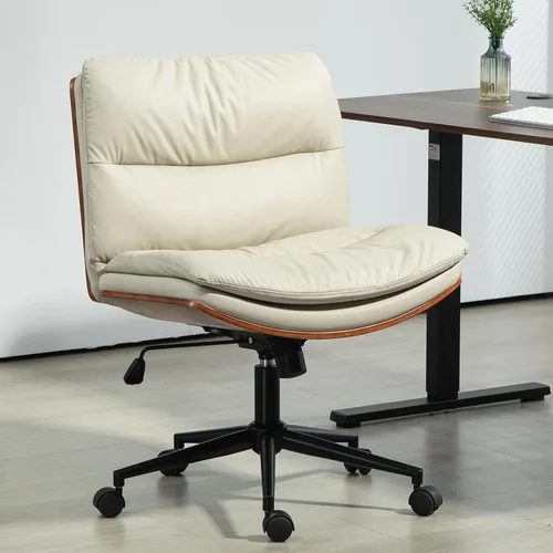 Armless Modern Walnut Office Desk Chair with Wheels, PU Leather Adjustable Wide Swivel Executive Task Chair, Ergonomic Cross Legged Computer Chair
