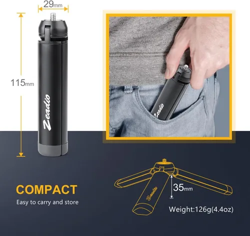 Vista 6 de Zeadio Mini trípode de metal, soporte de sobremesa, trípode compacto para Smooth 4, Osmo Mobile, Vimble 2, estabilizador de agarre con mango