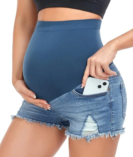 HOFISH Pantalones cortos elásticos de maternidad para mujer, sobre el vientre, cómodos, pantalones cortos de mezclilla, pantalones cortos casuales