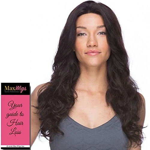 BAMBINA - Peluca de color marrón oscuro natural de 23 pulgadas de largo, cabello humano Remy ondulado en capas de cabello humano suizo con encaje