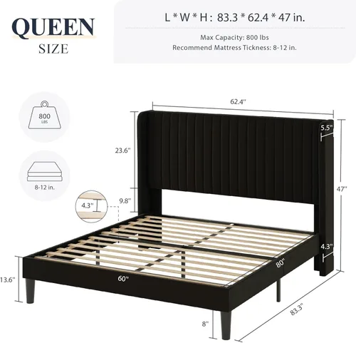 Vista 62 de Allewie Marco de cama de terciopelo tamaño Queen, cabecera capitonada con canal vertical, plataforma tapizada, listones de madera fuertes,