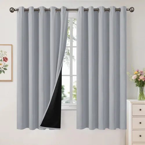 Vista 95 de YoungsTex - Cortinas 100% opacas para dormitorio, con aislamiento térmico y ojales, cortinas oscuras negras con capa pesada para ventana de sala