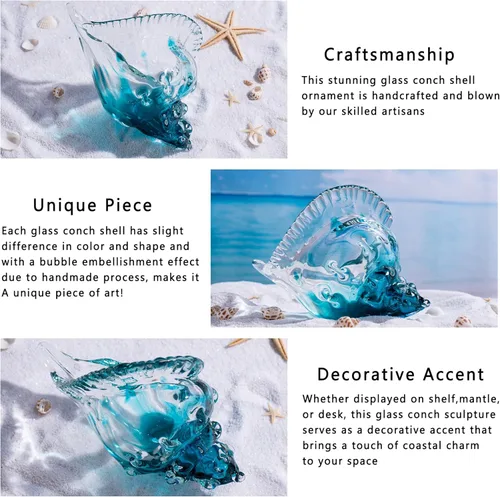 Vista 3 de Concha de cristal soplado de 8 pulgadas, gran escultura de conchas marinas, centro de mesa, centro de mesa con temática de playa del océano costero