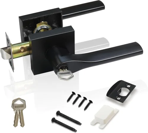 Vista 9 de Manija de puerta negra mate resistente, manija de puerta de entrada con llave igual, pomos de puerta con cerradura y llave, manija de puerta