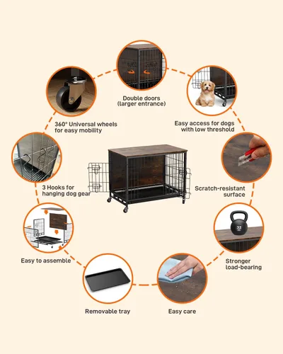 Vista 7 de Furniture Style - Jaula para perros con bandeja extraíble y ruedas, mesa auxiliar de jaula de doble puerta resistente, 27.2 pulgadas, casa de Marrón
