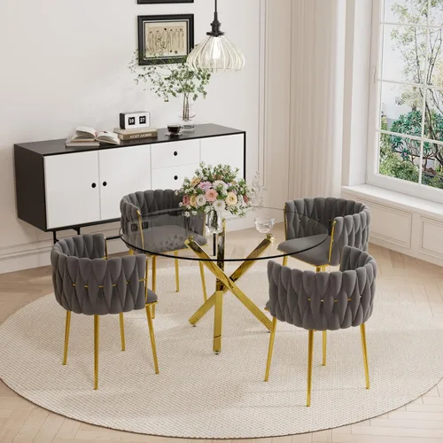 Vista 15 de Juego de mesa de comedor de cristal redondo dorado de 5 piezas, 39 pulgadas con tapa de cristal transparente para 4, mesa de cocina circular de lujo