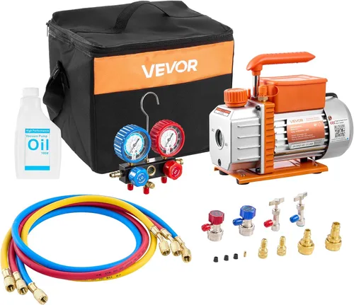 VEVOR Bomba de vacío y juego de manómetros AC, 3.5 CFM 1/4 HP, bomba de vacío HVAC de paletas rotativas de una sola etapa, juego de manómetros de
