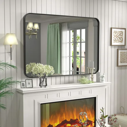 Vista 2 de ODDSAN Espejo de baño con marco negro mate de 40 x 32 pulgadas, modernos espejos rectangulares de metal para pared de tocador, esquinas redondeadas