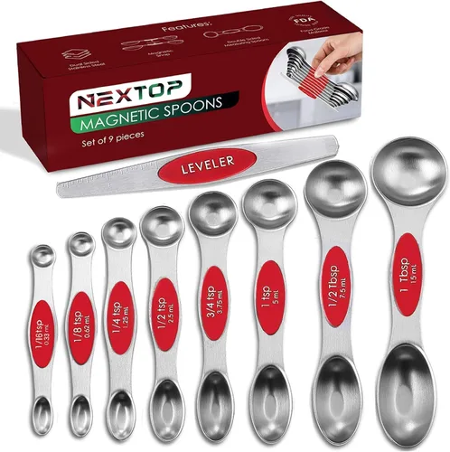 Vista 12 de Juego de 9 cucharas medidoras magnéticas de acero inoxidable, apilables, de doble cara, cucharas medidoras para medir ingredientes secos y líquidos