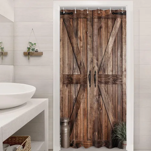 Cortina de ducha de puerta de granero rústica de tamaño pequeño para baño, juegos de cortinas de decoración de baño de tablones de madera retro del