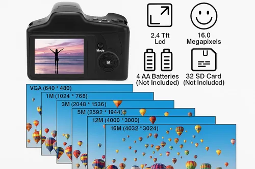 Vista 3 de Acuvar Cámara Digital de 16MP Estilo Mini SLR Cámara Compacta con Tarjeta SD de 32GB, Lector de Tarjetas, Portador de Tarjetas LCD de 2.4" Zoom 16X