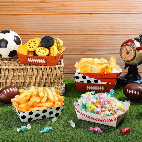 Vista 3 de Hoolerry Paquete de 48 bandejas de papel para fiestas temáticas deportivas, decoraciones de cumpleaños, botes de papel, botes de comida, nachos