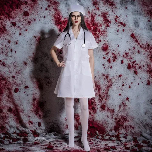 Vista 7 de Disfraz de enfermera para mujer, abrigo de laboratorio blanco, disfraz de médico, disfraz de Halloween, incluye abrigo, sombrero, estetoscopio