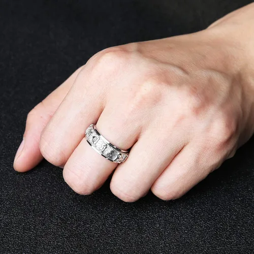 Vista 4 de Anillo de boda HZMAN de acero inoxidable, con mantra budista tibetano Om Mani Padme Hum, de 8MM