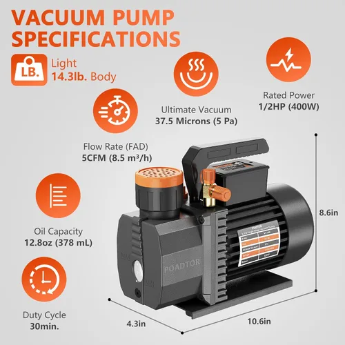 Vista 2 de Bomba de vacío de 5 CFM, bomba de vacío HVAC de 1 etapa, kit de bomba de vacío de aire acondicionado de 1/2 HP 38 micrones 110V para R12 R22 R134a