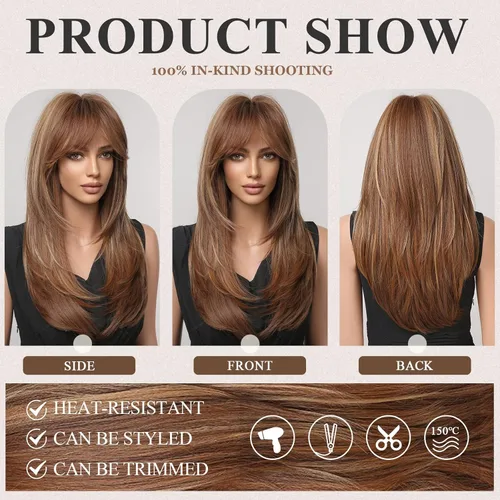 Vista 3 de EMMOR Pelucas marrones para mujer, pelucas largas en capas con flequillo de cortina, pelucas de fibra sintética resistentes al calor