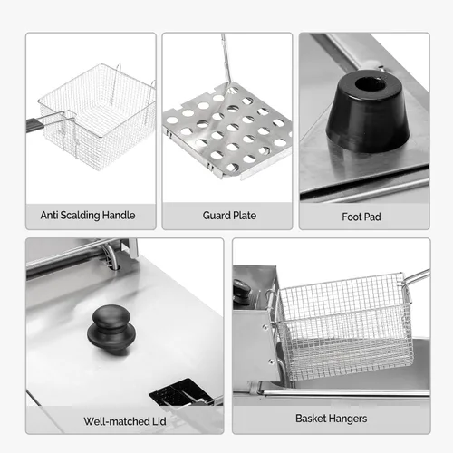 Vista 6 de Freidora eléctrica de acero inoxidable de 10 L/10.5 cuartos de galón, freidora comercial con canasta, 2500 W 110 V freidora de encimera