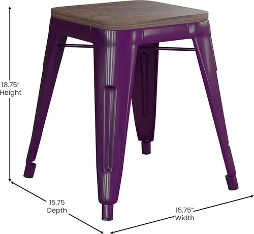 Vista 21 de Flash Furniture Juego de 4 taburetes de metal con asiento de madera, taburete Kai de grado comercial negro sin espalda, sillas de comedor apilables