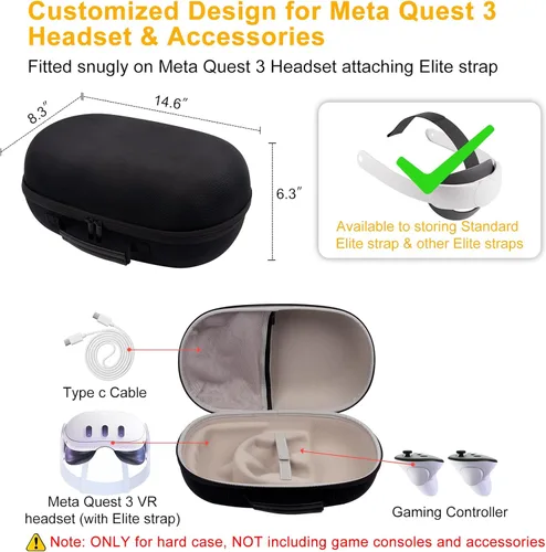 Vista 2 de XINGFUDAO Funda de transporte para auriculares Meta Quest 3 VR y controlador de juegos, Meta Quest 3 funda de transporte con espacio