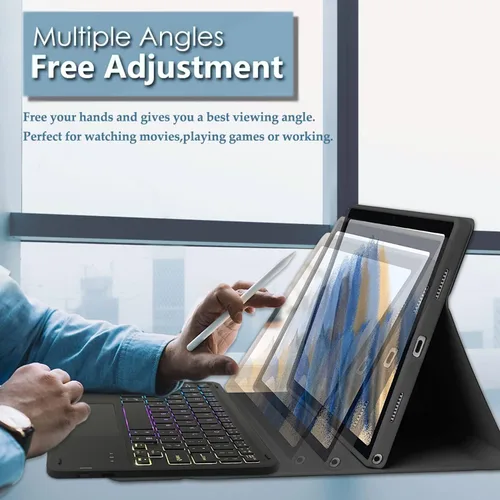 Vista 4 de Funda con teclado táctil retroiluminado para Samsung Galaxy Tab A 10.1 versión 2019, teclado inalámbrico retroiluminado arcoíris de 3 zonas