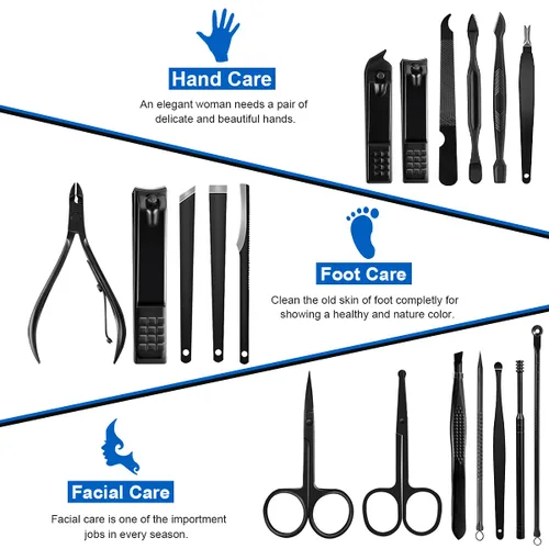 Vista 3 de Cortaúñas profesional de acero inoxidable, kit de viaje y aseo para uñas, herramientas de manicura y pedicura, juego de 18 piezas con estuche
