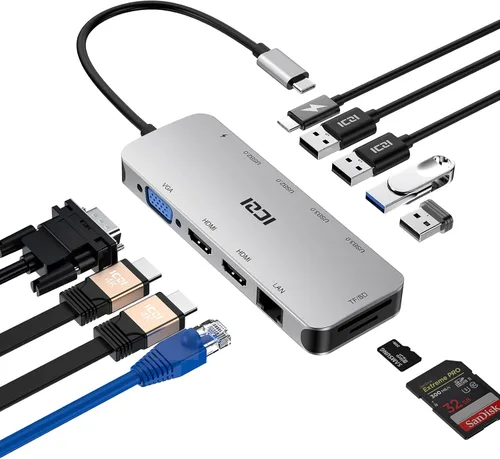 Vista 10 de ICZI Adaptador multipuerto USB C Hub 11 en 1 con 1 puerto HDMI/VGA/Ethernet, lector de tarjetas SD/TF, 4 puertos USB, conector de audio 3.5 y carga
