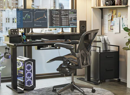 Vista 5 de FEZIBO Escritorio eléctrico de pie ajustable de altura de 40 x 24 pulgadas con doble cajón, escritorio para computadora, mesa de pie para oficina