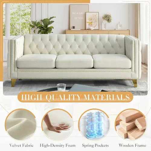 Vista 4 de JEEOHEY Juego de Sofás Chesterfield de 2, Sofá Moderno de Terciopelo con Capitoné y Ribete de Tachuelas, Sofá Tapizado de Asiento Profundo, Sofá