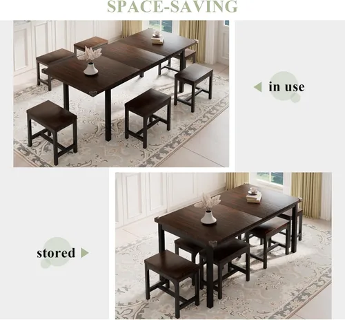 Vista 6 de Feonase Juego de mesa de comedor de 7 piezas para 4-8 pulgadas, juego de mesa de cocina grande extensible de 63 pulgadas con 6 taburetes, mesa