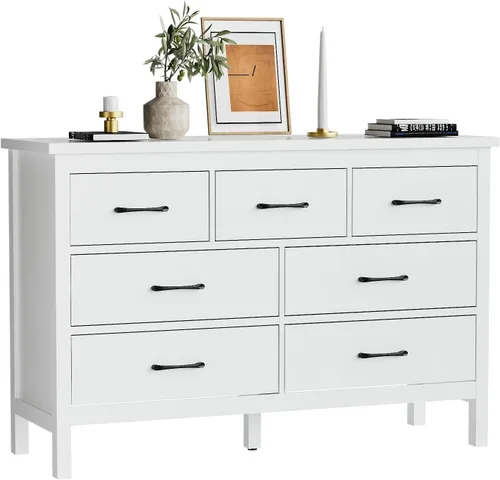 Vista 3 de LYNSOM Cómoda blanca para dormitorio, cómoda de 7 cajones con asas de metal, cómoda de madera moderna para sala de estar, entrada y pasillo
