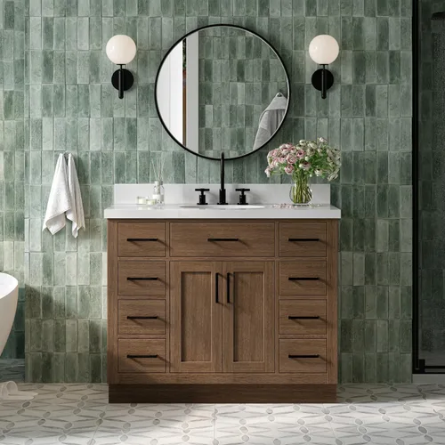 Vista 347 de ARIEL Hepburn - Tocador de baño de 30 pulgadas con fregadero, madera maciza, encimera y protector contra salpicaduras de cuarzo blanco puro de 1.5