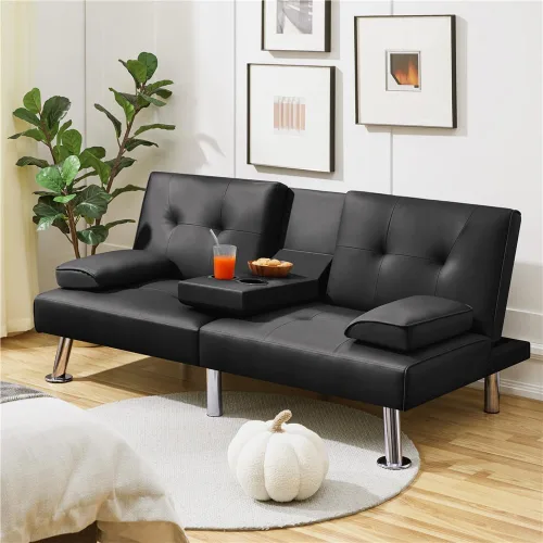 Vista 44 de Yaheetech Sofá biplaza cama, convertible, tela, ajustable, moderno, reclinable, reversible, plegable, reposabrazos extraíbles, portavasos, 3