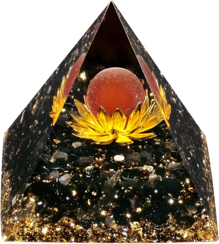 Vista 11 de Rockcloud Esfera de piedra de cristal de pirámide de orgón en generador de energía base de loto para meditación de equilibrio de chakras, ojo