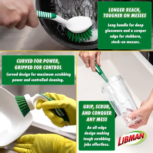 Vista 3 de Libman - Juego de cepillos de limpieza verde y blanco, juego de 3 piezas, cepillos multiusos para cocina, lavabos, fregaderos, lavavajillas