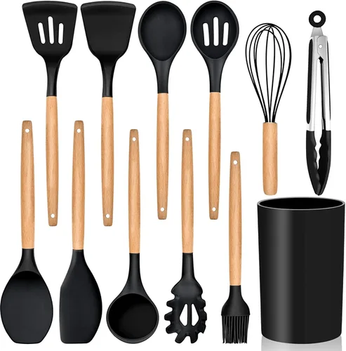 Vista 11 de E-far Juego de 6 utensilios de cocina de silicona con mango de madera, utensilios de cocina antiadherentes y resistentes al calor, incluye
