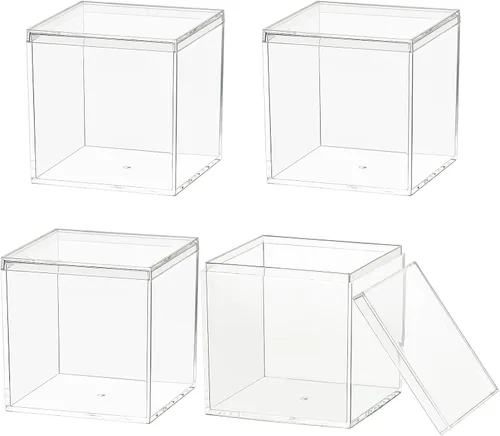 Caja pequeña de acrílico transparente, 4 paquetes de contenedores cúbicos cuadrados de plástico con tapa, caja de almacenamiento de 2.9 x 2.9 x 2.9