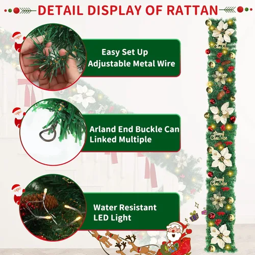 Vista 4 de JUNEBRUSHS Guirnalda de Navidad de 9 pies con luces, guirnalda decorativa con 50 luces LED, funciona con pilas, ratán verde artificial preiluminado