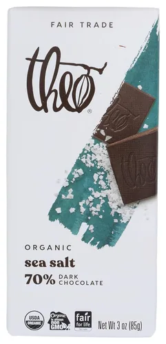 Barra de chocolate negro orgánico con sal marina Theo, 70% cacao, 1 barra | Vegano, comercio justo