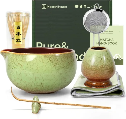 Vista 13 de Maestri House Juego de batidores de matcha, kit completo de matcha de 7 piezas con cuenco de cerámica con boquilla, batidor y soporte de bambú