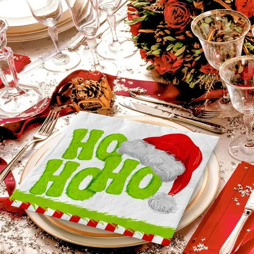 Vista 5 de AnyDesign Paquete de 80 servilletas de papel de Navidad HoHoHo desechables para almuerzo, sombrero de Papá Noel, postre y cena, servilletas de mano